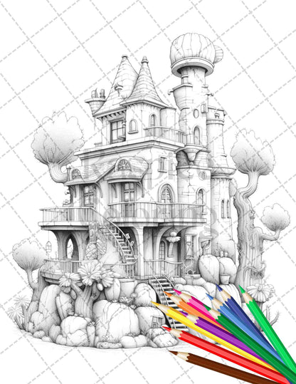 46 Fantasy Cactus Houses Grayscale Coloring Pages Printable for Adults, PDF File Instant Download