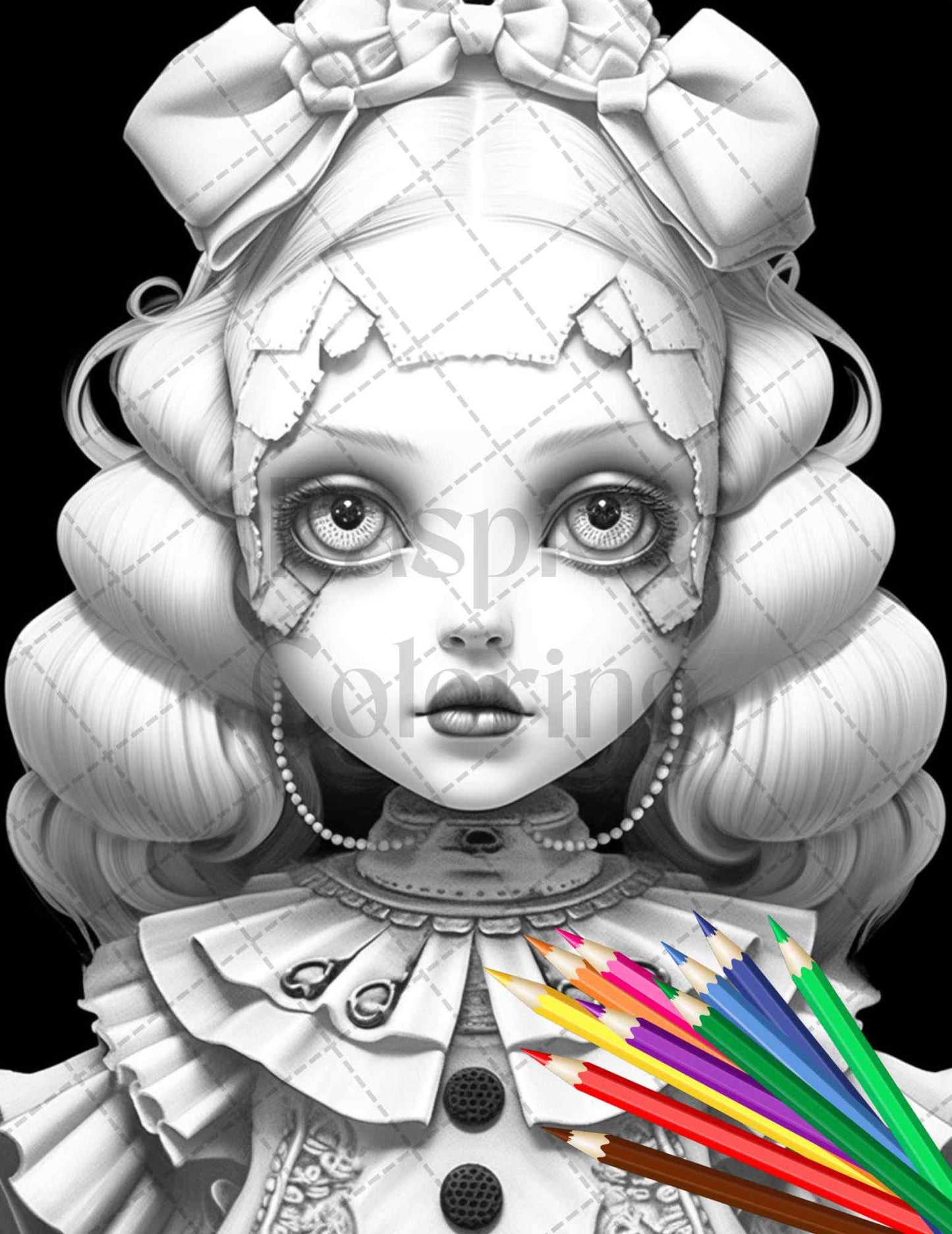 40 Creepy Porcelain Dolls Grayscale Coloring Pages for Adults, PDF File Instant Download