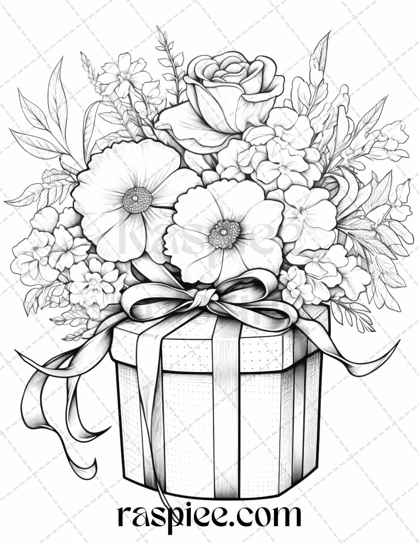 40 Flower Gift Box Grayscale Coloring Pages Printable for Adults Kids, PDF File Instant Download