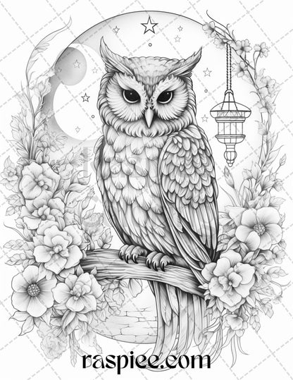 40 Floral Owl Grayscale Printable Coloring Pages for Adults, PDF File Instant Download