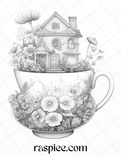 40 Flower Teacup Fairy Houses Grayscale Coloring Pages Printable for Adults, PDF File Instant Download