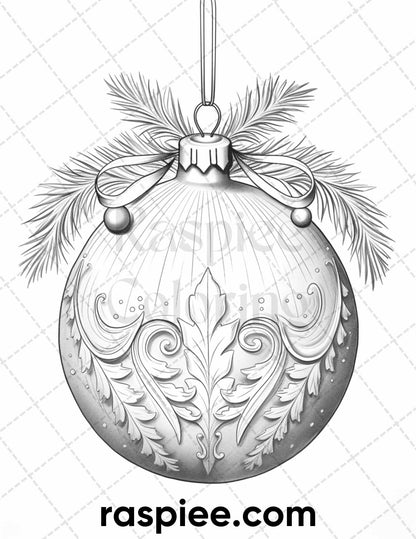 40 Christmas Balls Grayscale Coloring Pages Printable for Adults, PDF File Instant Download