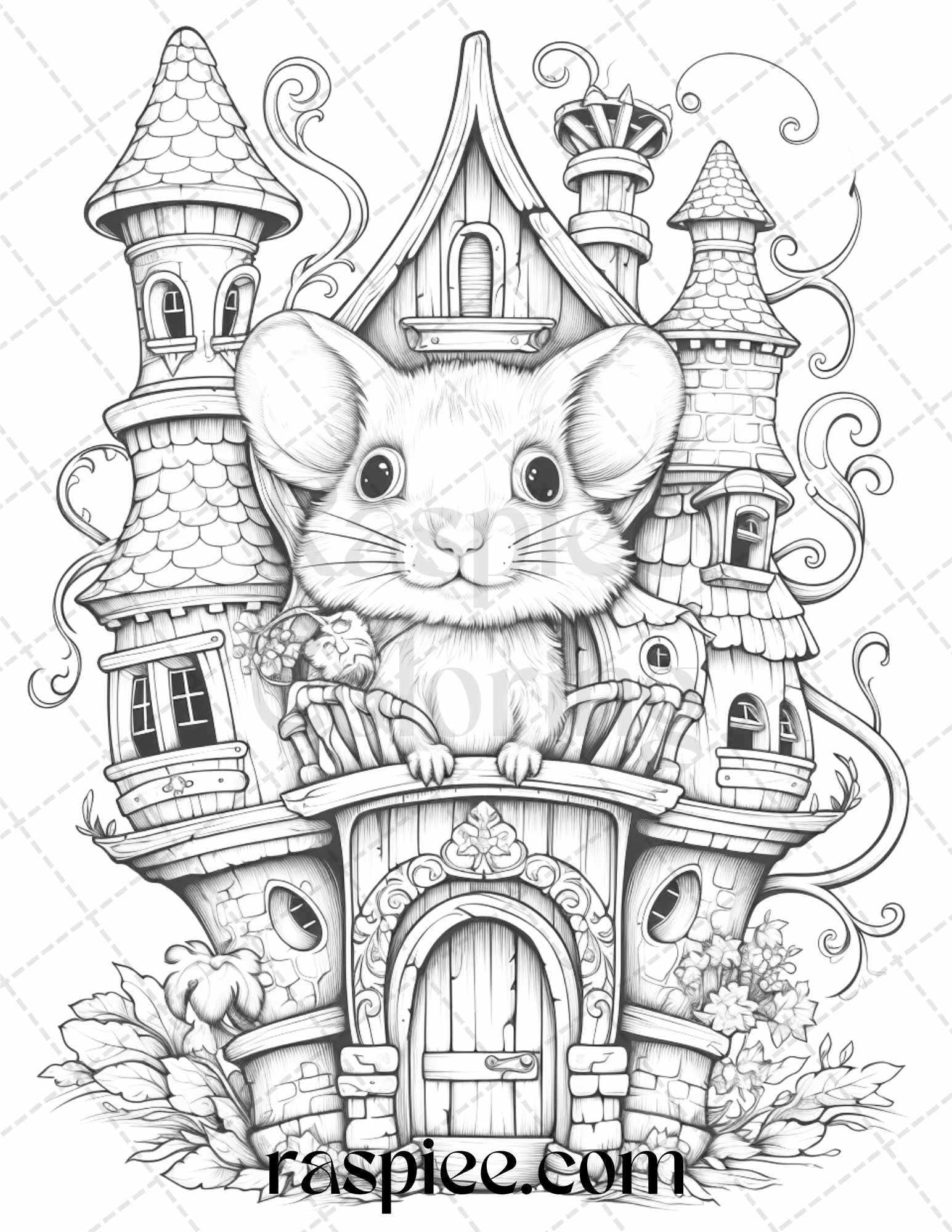 40 Magical Mouse Houses Grayscale Coloring Pages Printable for Adults, PDF File Instant Download