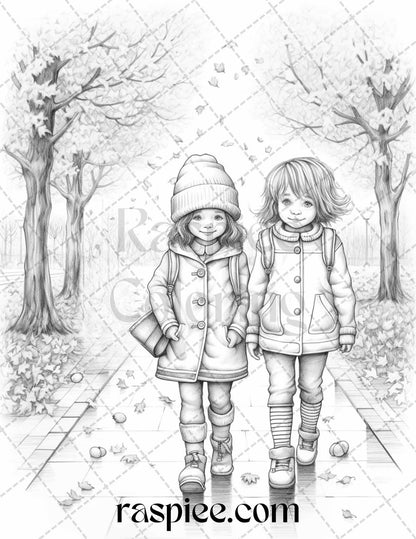 40 Rainy Autumn Day Grayscale Coloring Pages Printable for Adults and Kids, PDF File Instant Download