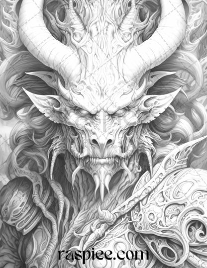 43 Fantasy Demons Grayscale Coloring Pages for Adults, Printable PDF File Instant Download