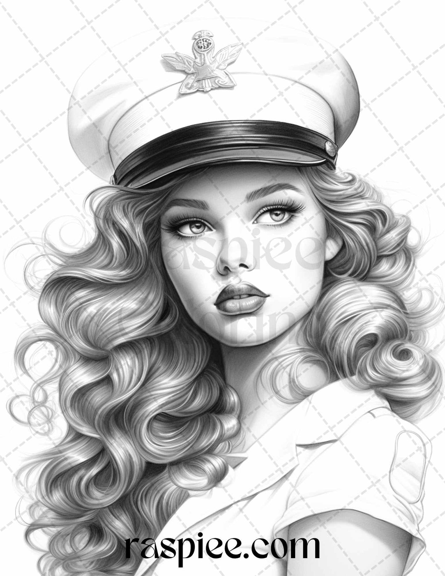 40 Sailor Pin Up Girls Grayscale Coloring Pages Printable for Adults, PDF File Instant Download