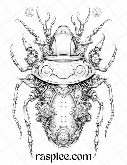 42 Steampunk Bugs Grayscale Coloring Pages Printable for Adults, PDF File Instant Download