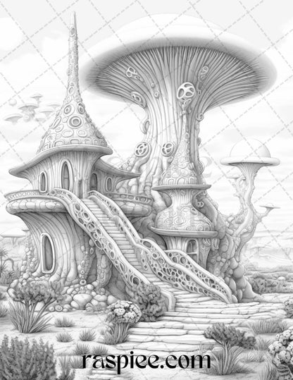 40 Alien Houses Grayscale Coloring Pages for Adults, Printable PDF File Instant Download