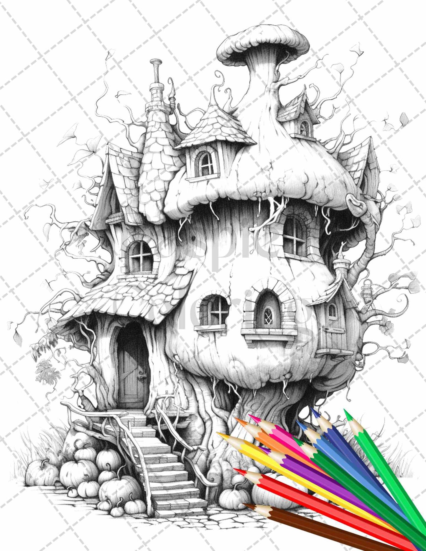 40 Pumpkin Fairy Houses Grayscale Coloring Pages Printable for Adults, PDF File Instant Download