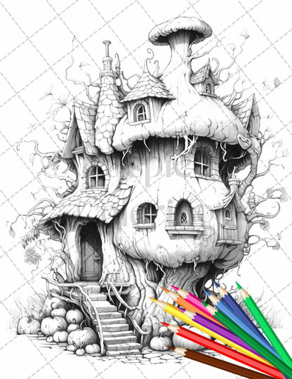 40 Pumpkin Fairy Houses Grayscale Coloring Pages Printable for Adults, PDF File Instant Download