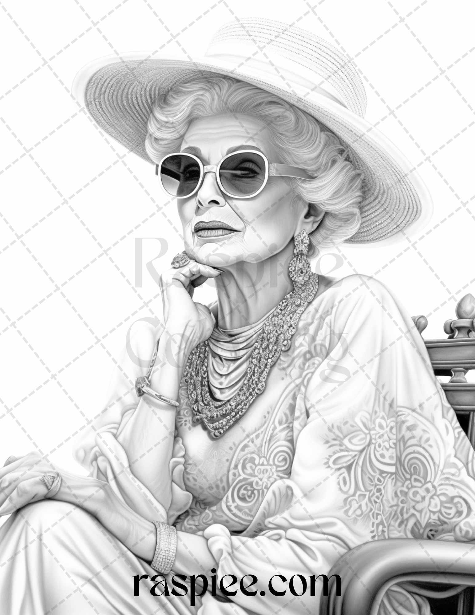 40 Fashionista Grandma Grayscale Coloring Pages Printable for Adults, PDF File Instant Download