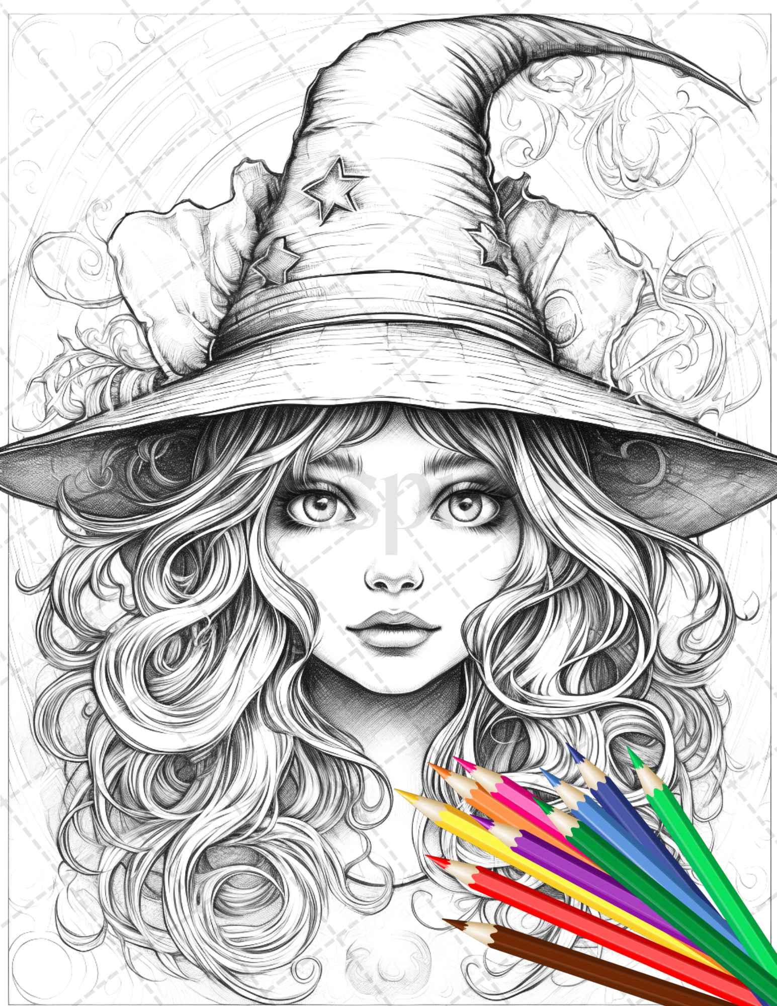 40 Cute Witches Coloring Pages Printable for Adults, Grayscale Coloring Page, PDF File Instant Download