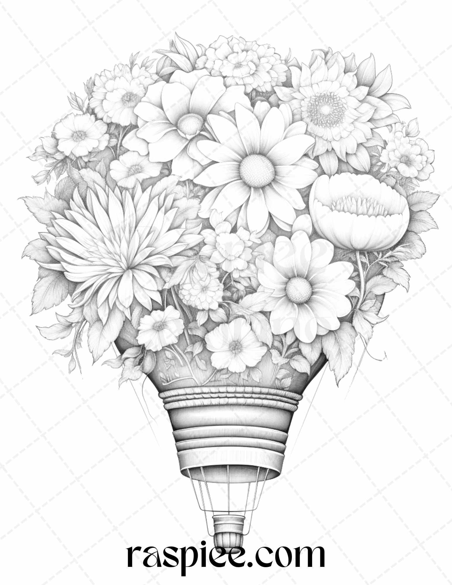 42 Flower Hot Air Balloons Grayscale Coloring Pages Printable for Adults, PDF File Instant Download