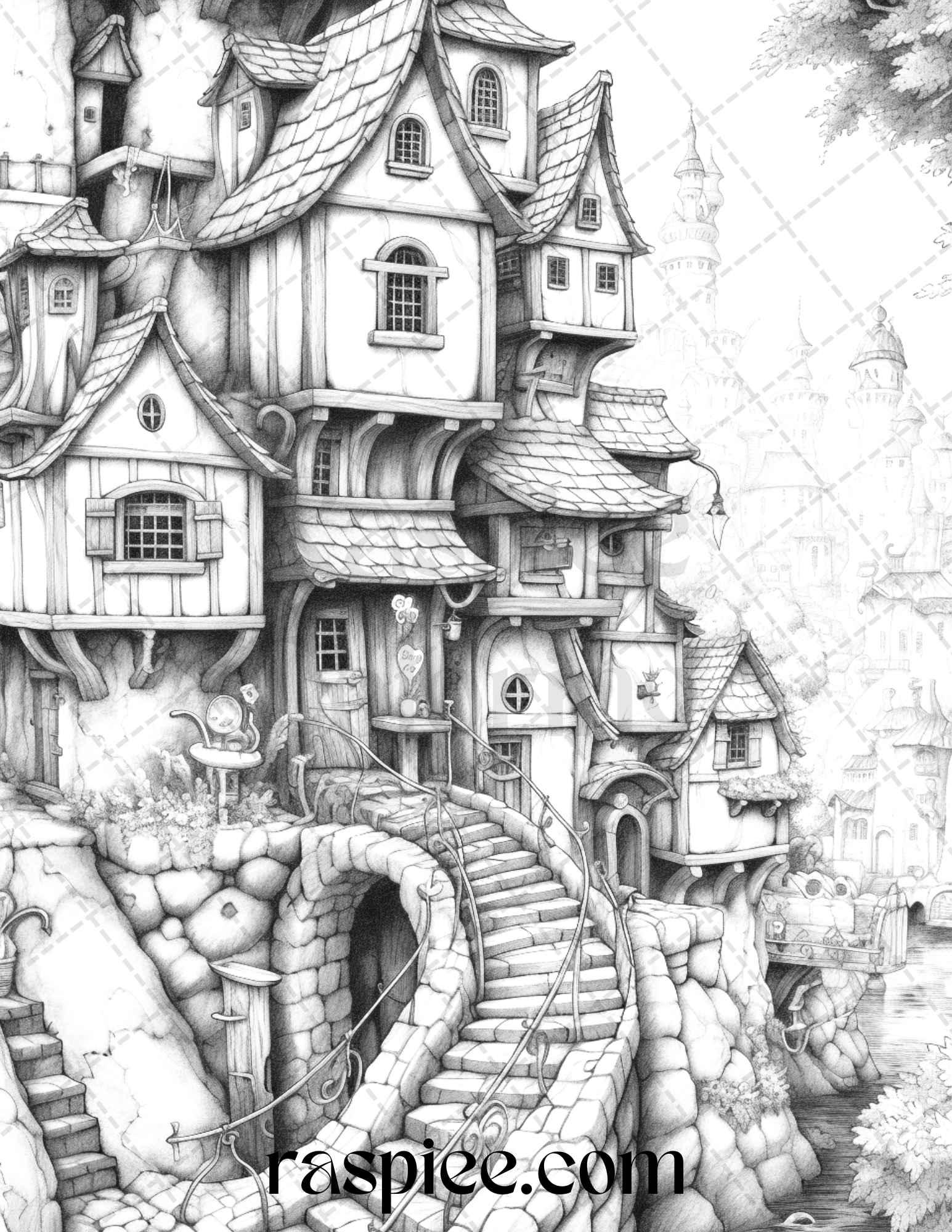 40 Fantasy Village Grayscale Coloring Pages Printable for Adults, PDF File Instant Download