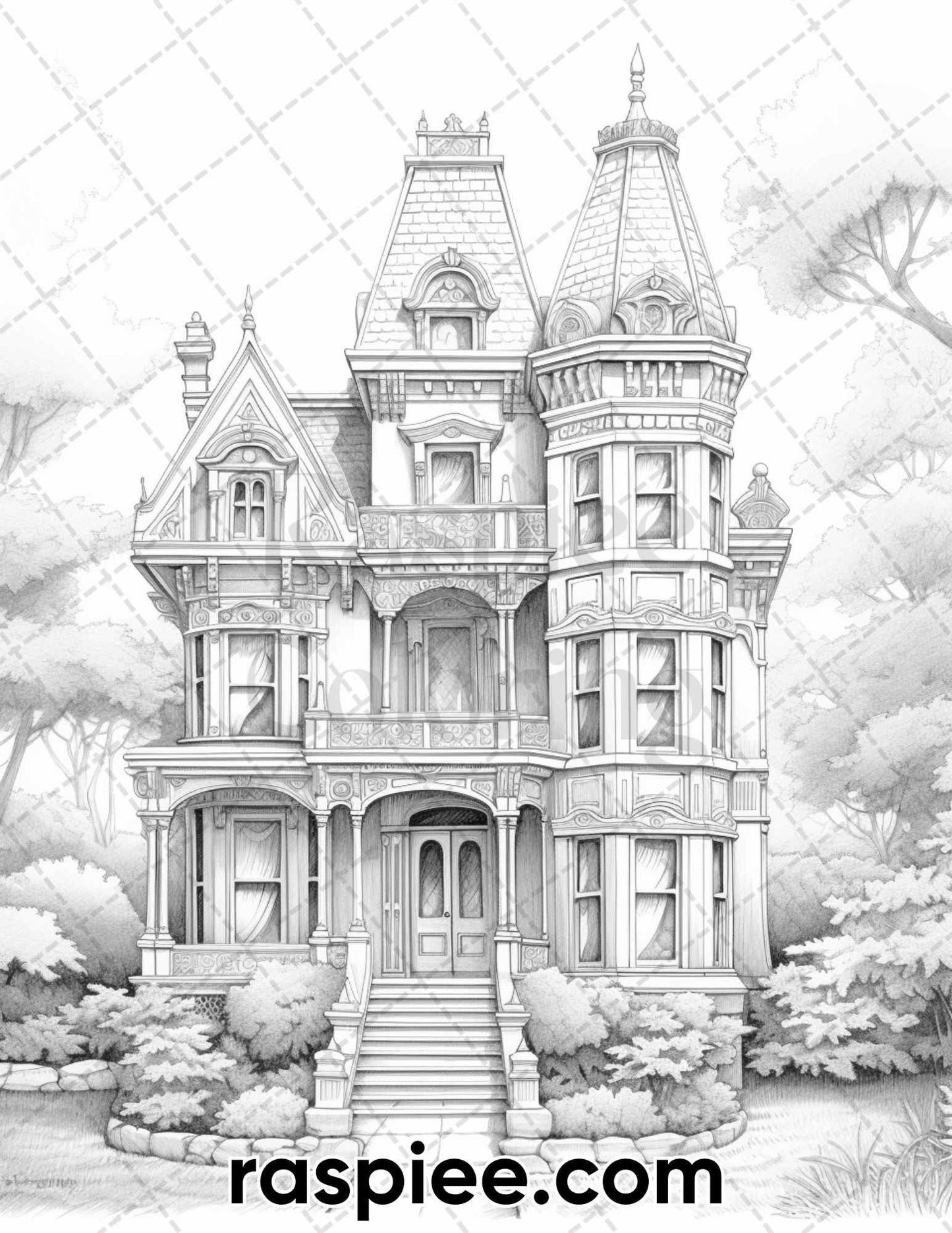 40 Victorian Mansions Grayscale Coloring Pages for Adults, Printable PDF Instant Download