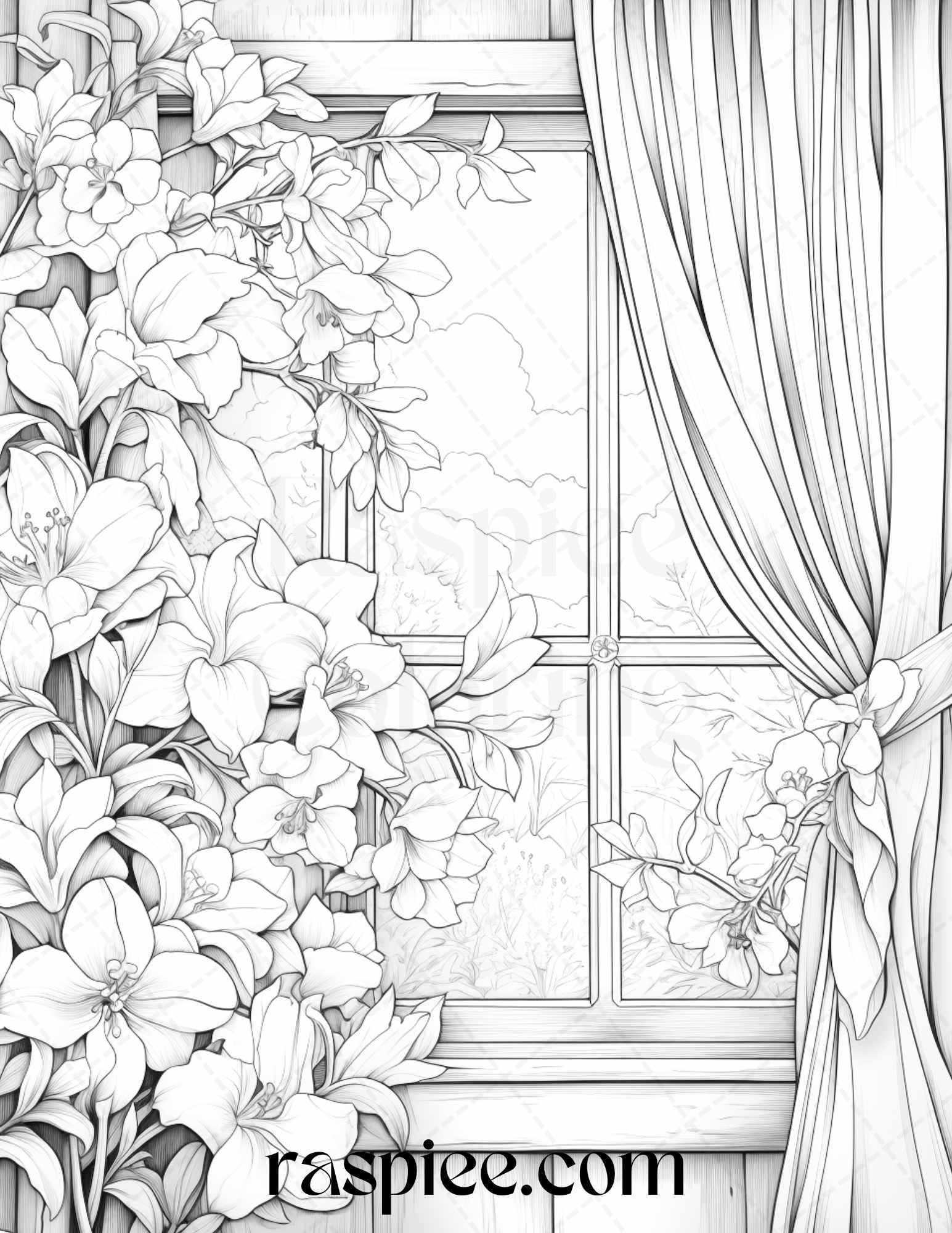 50 Blooming Windows Grayscale Coloring Pages Printable for Adults, PDF File Instant Download