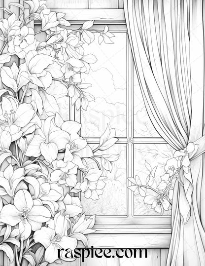 50 Blooming Windows Grayscale Coloring Pages Printable for Adults, PDF File Instant Download