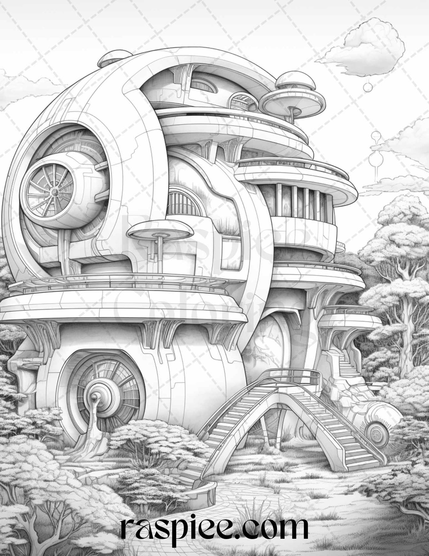 43 Futuristic Houses Grayscale Coloring Pages Printable for Adults, PDF File Instant Download