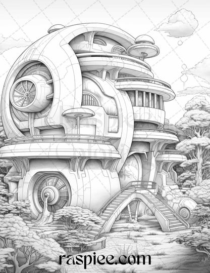 43 Futuristic Houses Grayscale Coloring Pages Printable for Adults, PDF File Instant Download