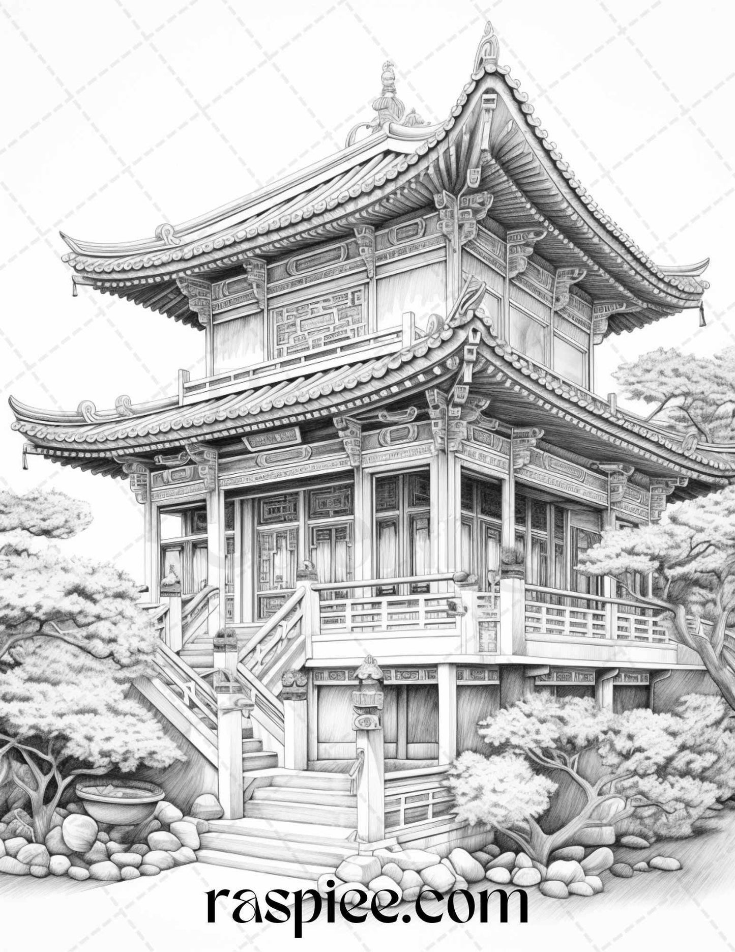 40 Traditional Chinese Houses Grayscale Coloring Pages Printable for Adults, PDF File Instant Download