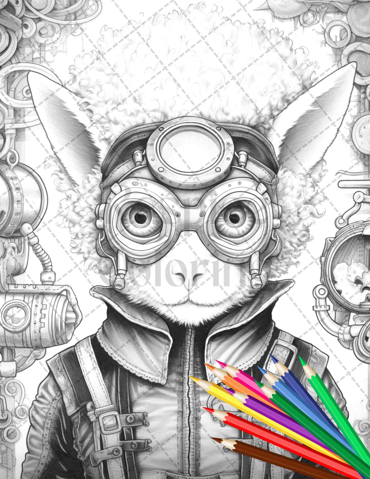 45 Steampunk Animals Grayscale Coloring Pages Printable for Adults Vol. 2, PDF File Instant Download