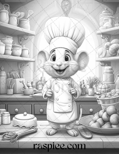 45 Mouse Chef Grayscale Coloring Pages Printable for Adults, PDF File Instant Download