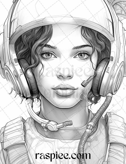 50 Astronaut Girl Portrait Grayscale Coloring Pages Printable for Adults, PDF File Instant Download