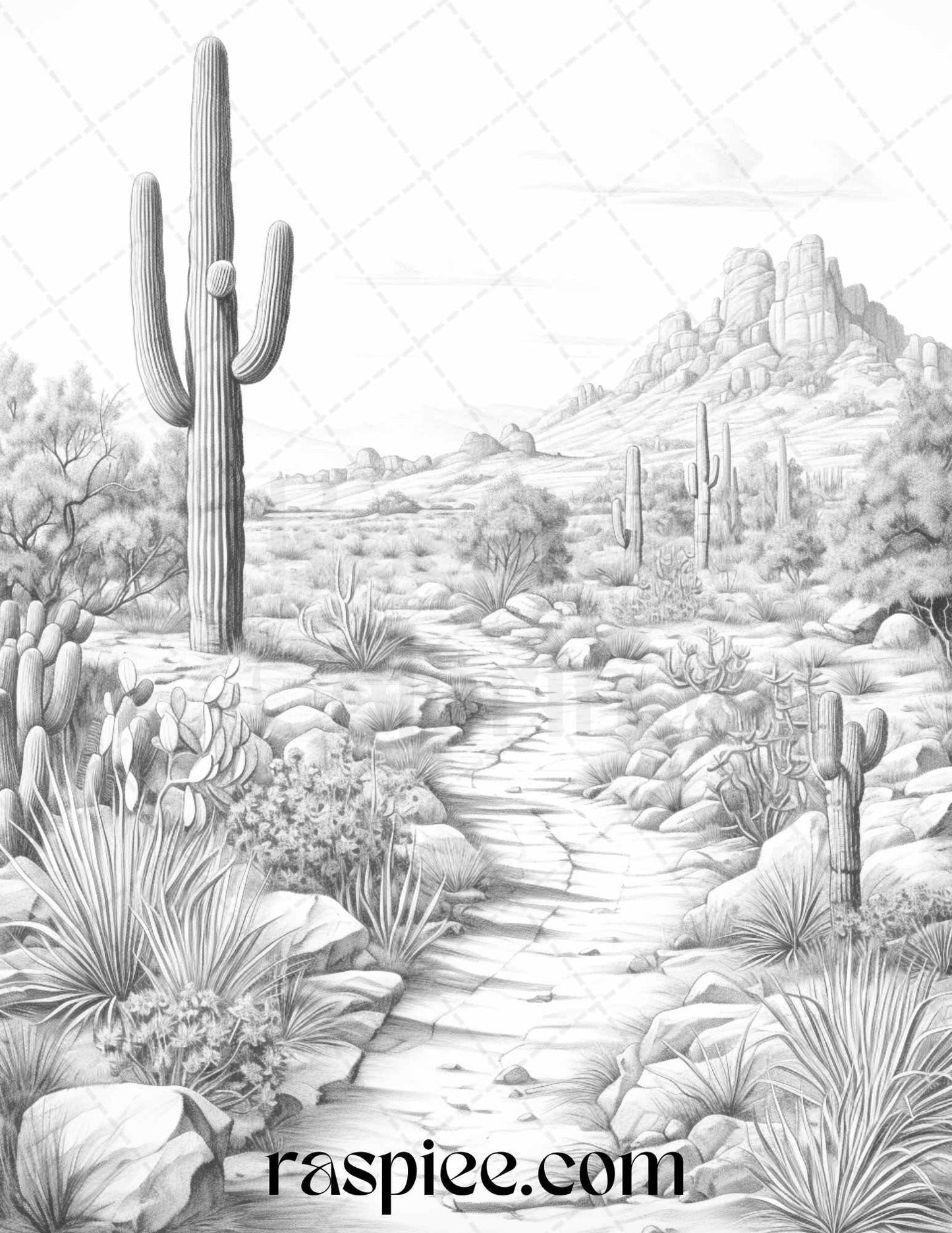 40 Desert Landscapes Grayscale Coloring Pages Printable for Adults, PDF File Instant Download