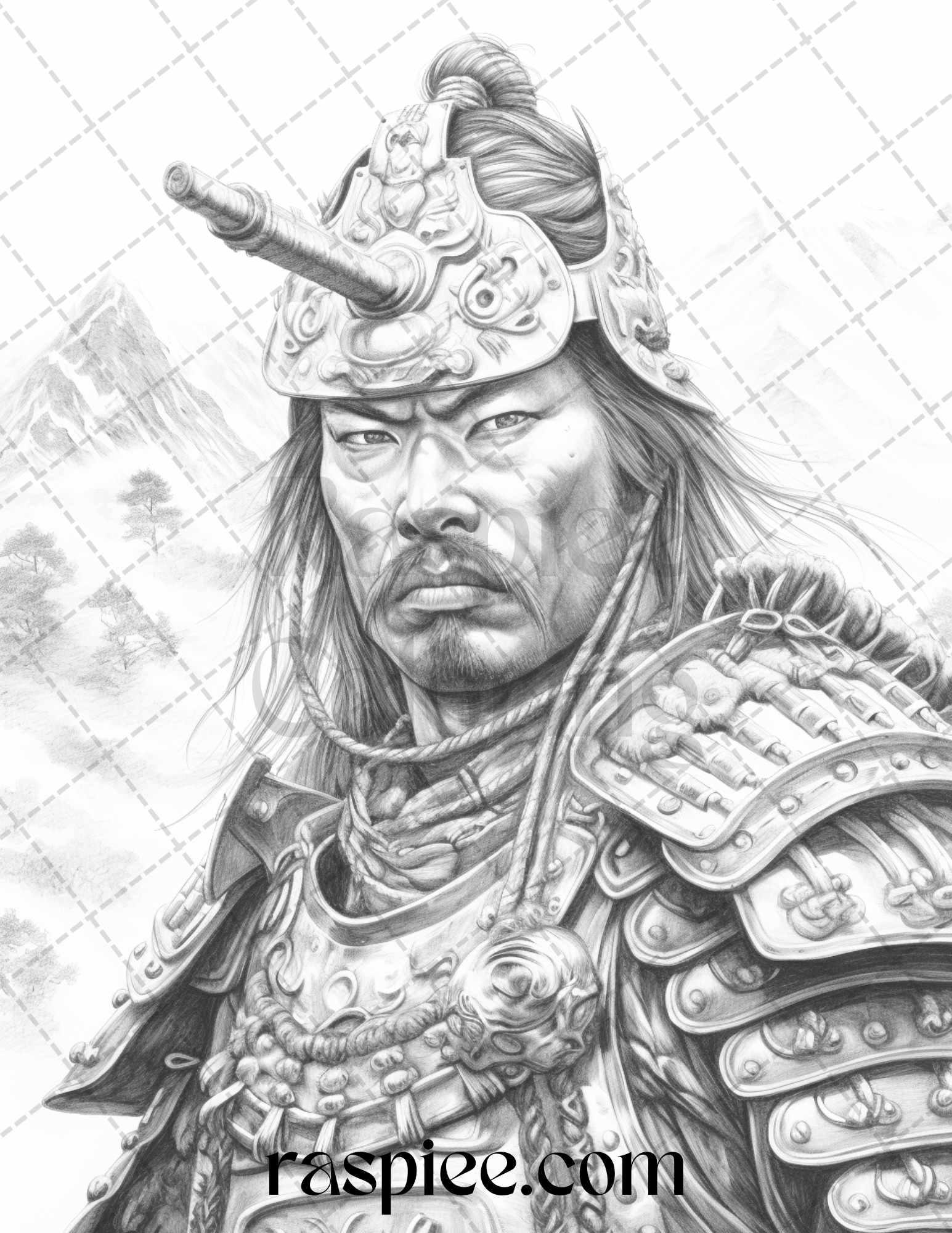 42 Japanese Samurai Grayscale Coloring Pages for Adults, Printable PDF File Instant Download