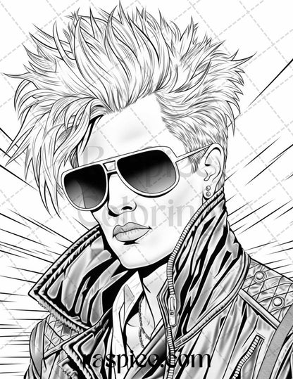 1980s New Wave Pop Star Grayscale Coloring Pages Printable for Adults, PDF File Instant Download