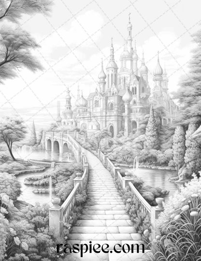 40 Fantasy Landscapes Grayscale Coloring Pages Printable for Adults, PDF File Instant Download