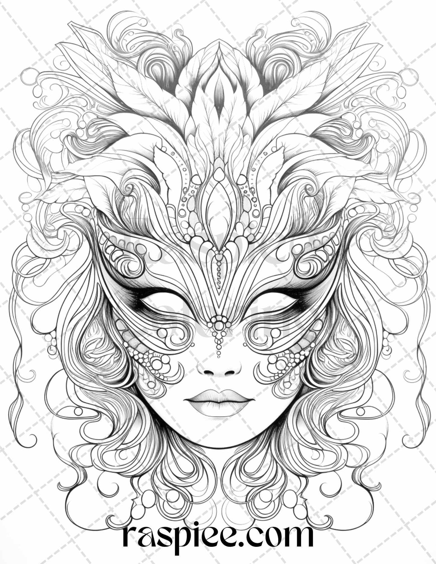 40 Masquerade Masks Grayscale Coloring Pages Printable for Adults, PDF File Instant Download