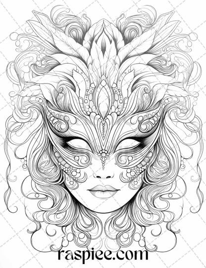 40 Masquerade Masks Grayscale Coloring Pages Printable for Adults, PDF File Instant Download