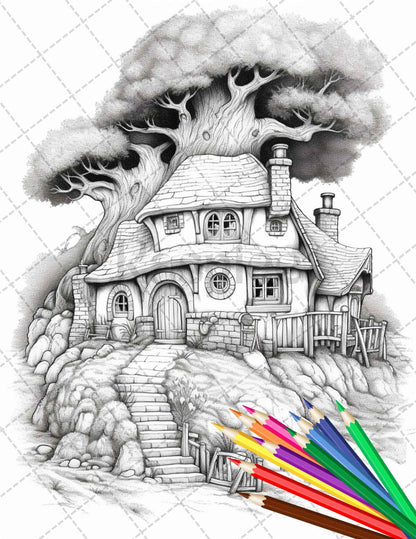 43 Enchanted Hobbiton Houses Grayscale Coloring Pages Printable for Adults, PDF File Instant Download