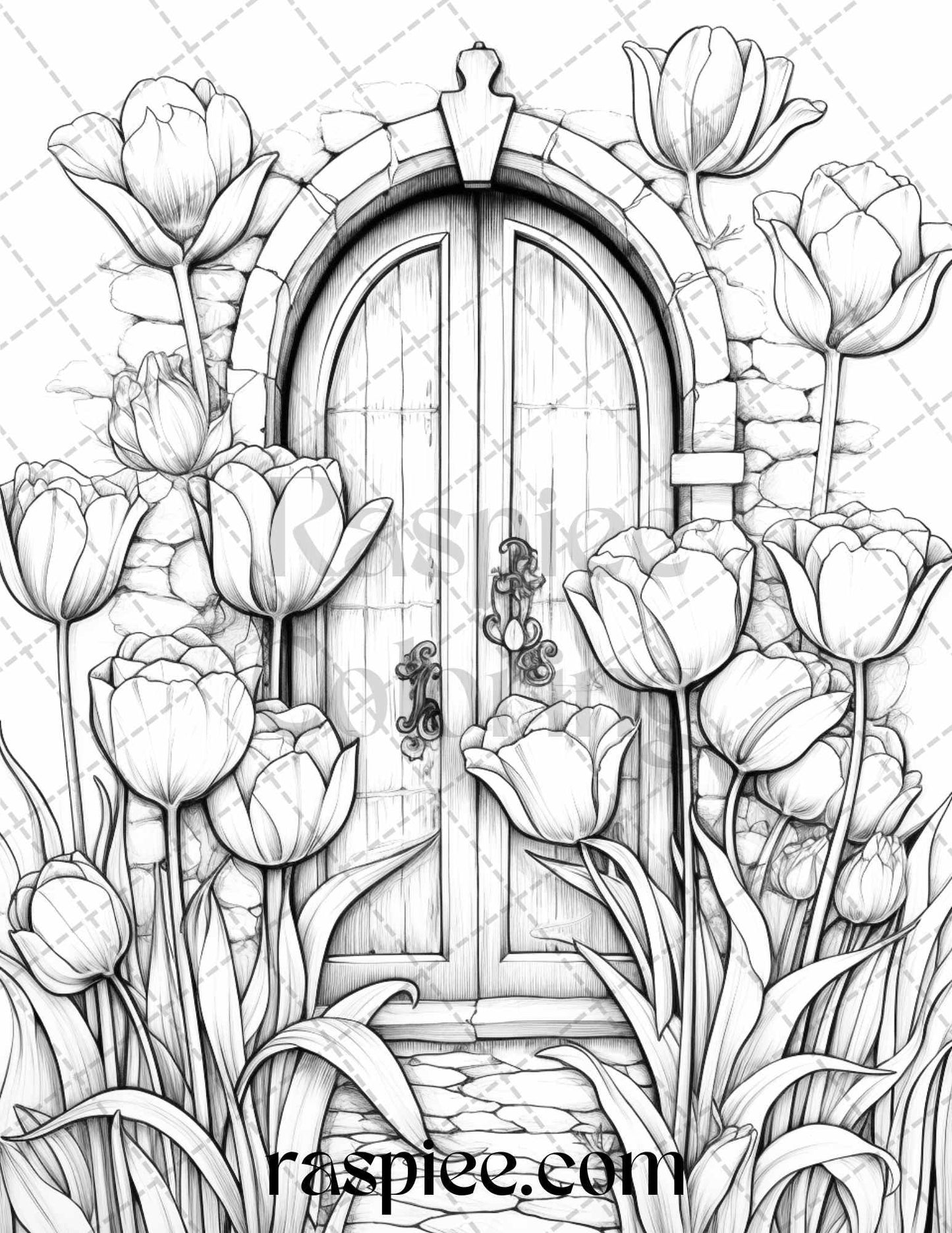 40 Flower Fairy Doors Grayscale Coloring Pages Printable for Adults, PDF File Instant Download