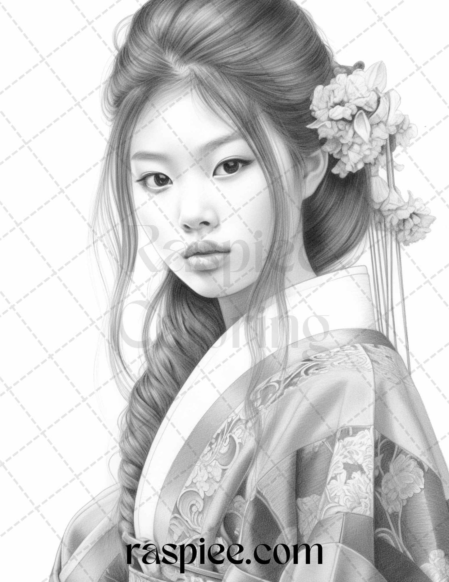 40 Beautiful Japanese Girls Grayscale Coloring Pages Printable for Adults, PDF File Instant Download