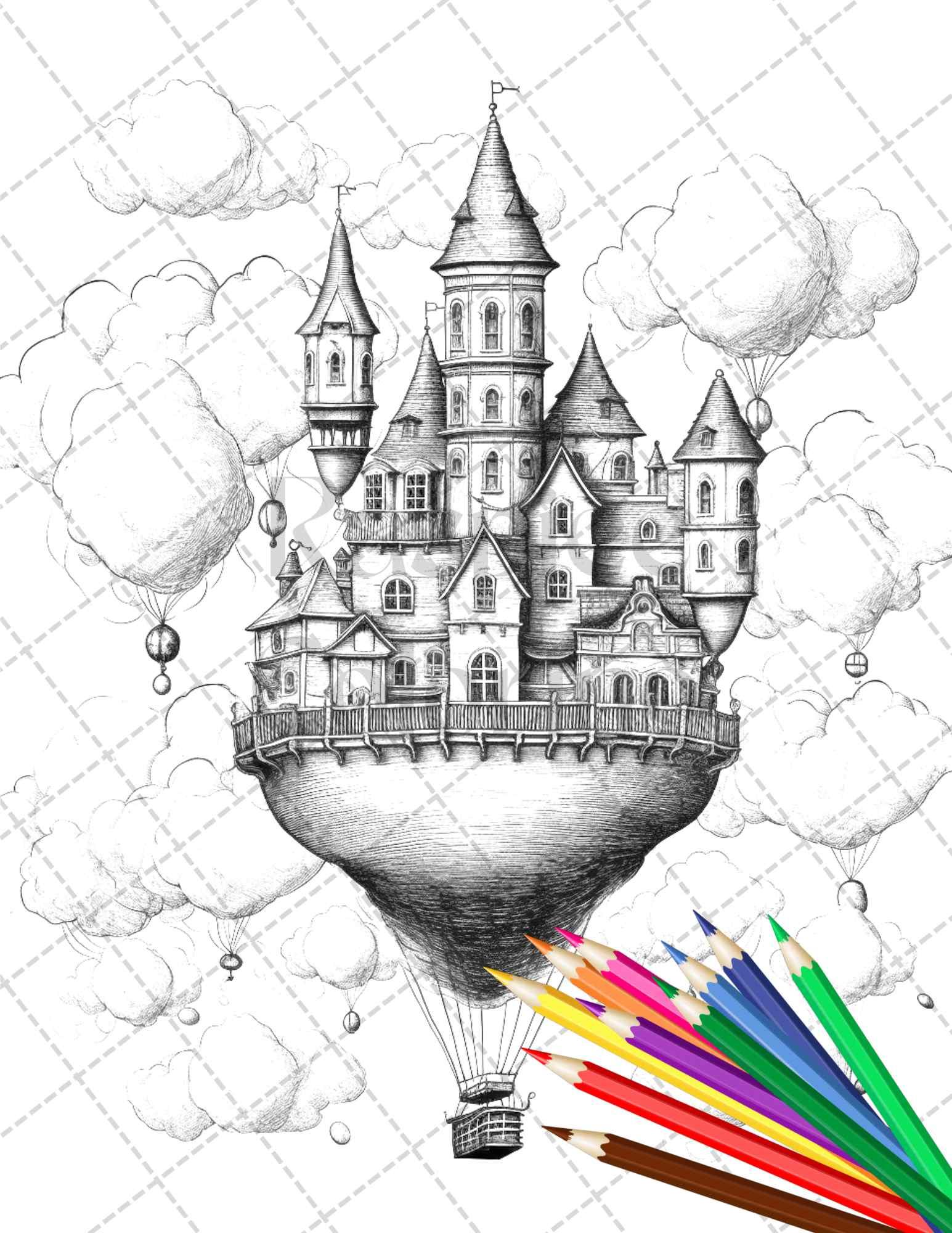 40 Fantasy Sky Houses Grayscale Coloring Pages Printable for Adults, PDF File Instant Download