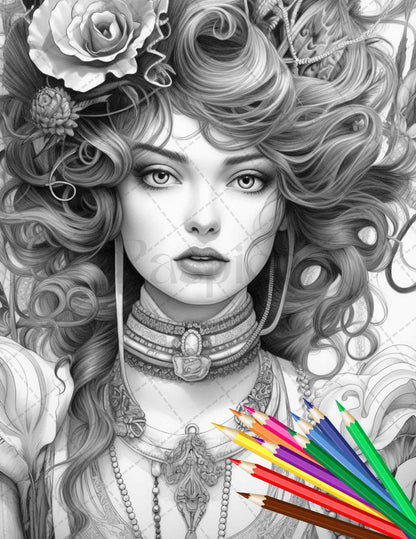 43 Beautiful Victorian Women Grayscale Coloring Pages Printable for Adults, PDF File Instant Download