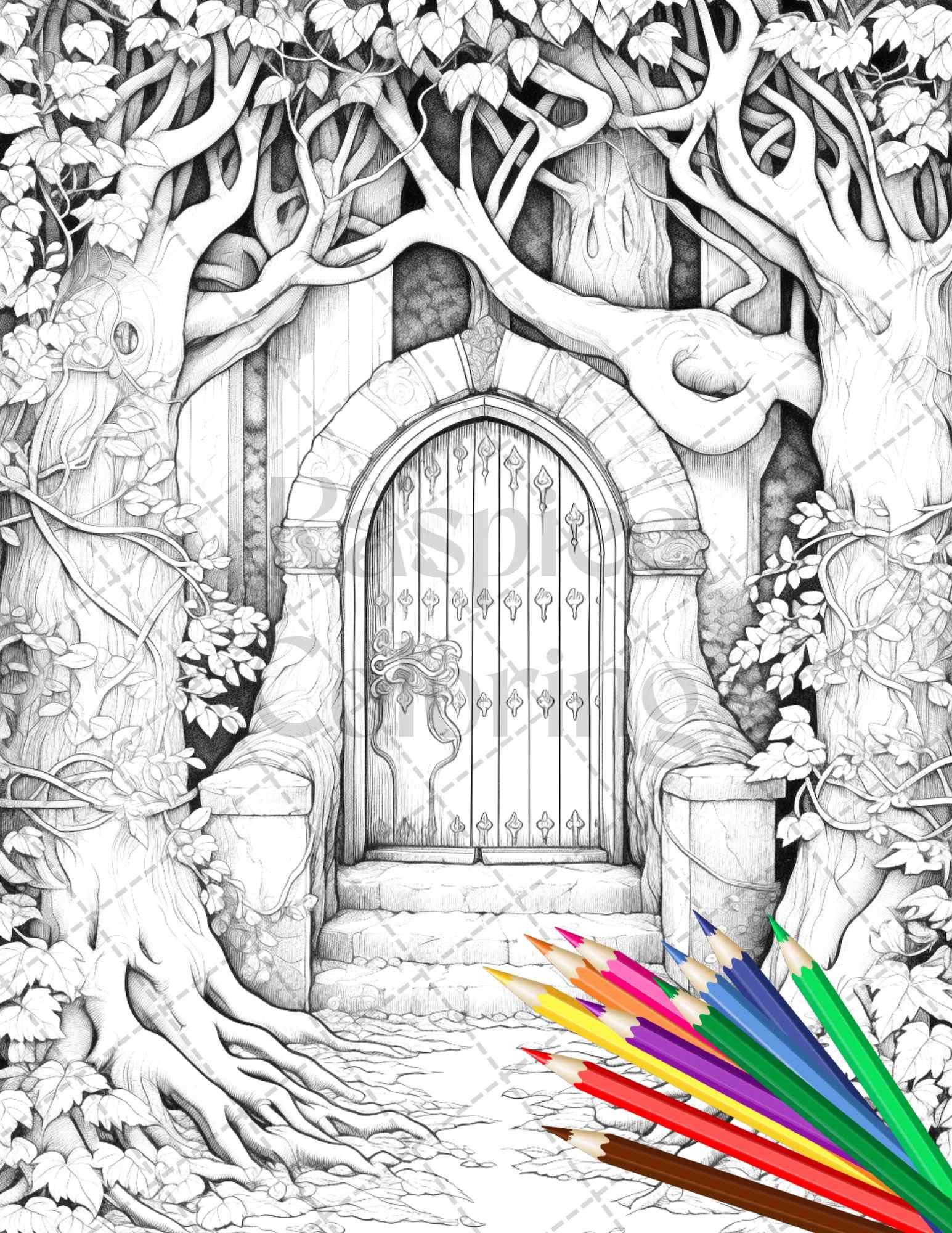 40 Magical Forest Gates Grayscale Coloring Pages Printable for Adults, PDF File Instant Download