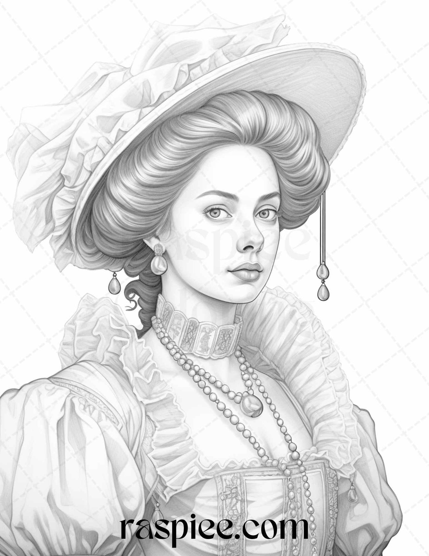 40 Baroque Women Portrait Grayscale Adult Coloring Pages Printable, PDF File Instant Download