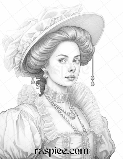 40 Baroque Women Portrait Grayscale Adult Coloring Pages Printable, PDF File Instant Download