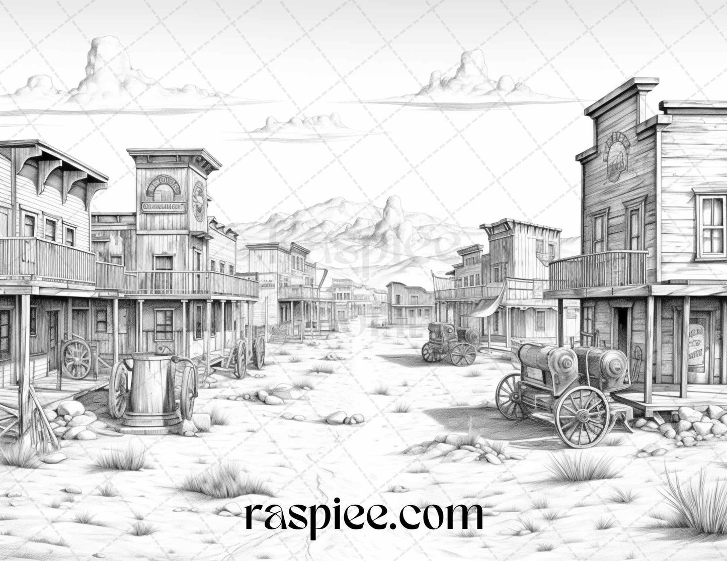 40 Wild West Towns Grayscale Coloring Pages Printable for Adults, PDF File Instant Download