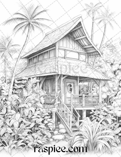 40 Hawaii Tiki Houses Grayscale Coloring Pages Printable for Adults, PDF File Instant Download