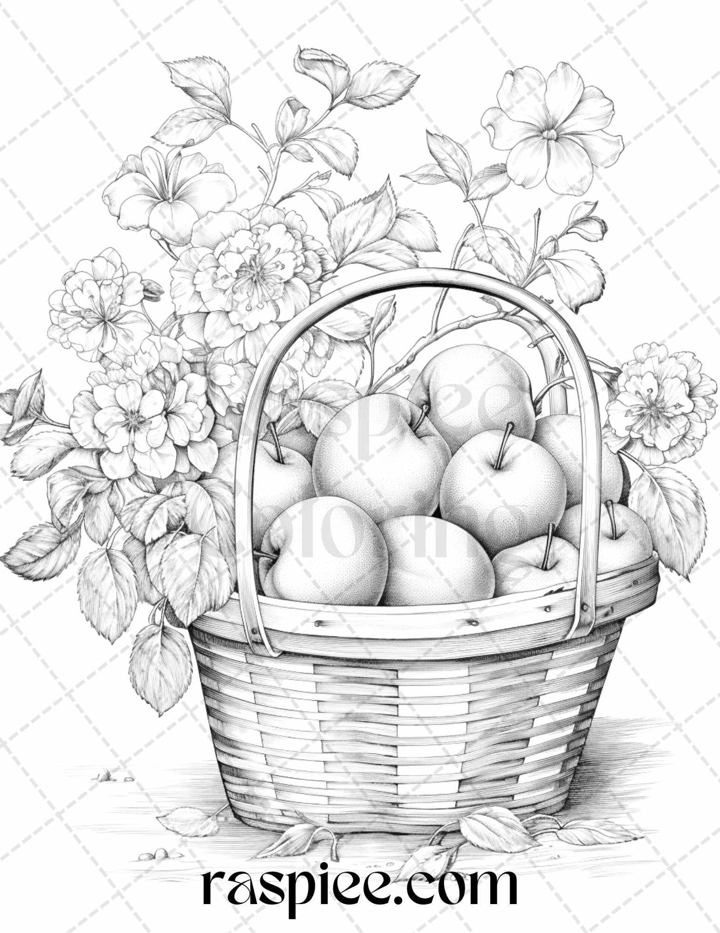 40 Fruit Basket Grayscale Coloring Pages Printable for Adults, PDF File Instant Download