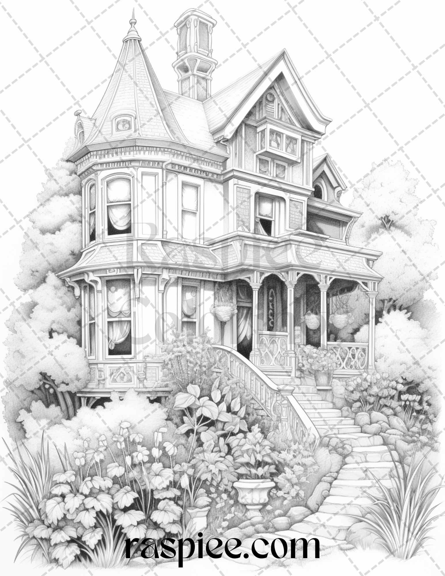 40 Victorian Houses Grayscale Coloring Pages Printable for Adults, PDF File Instant Download