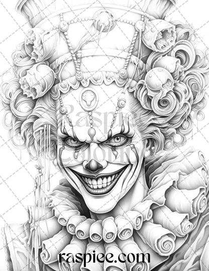 40 Spooky Clowns Grayscale Coloring Pages Printable for Adults, PDF File Instant Download