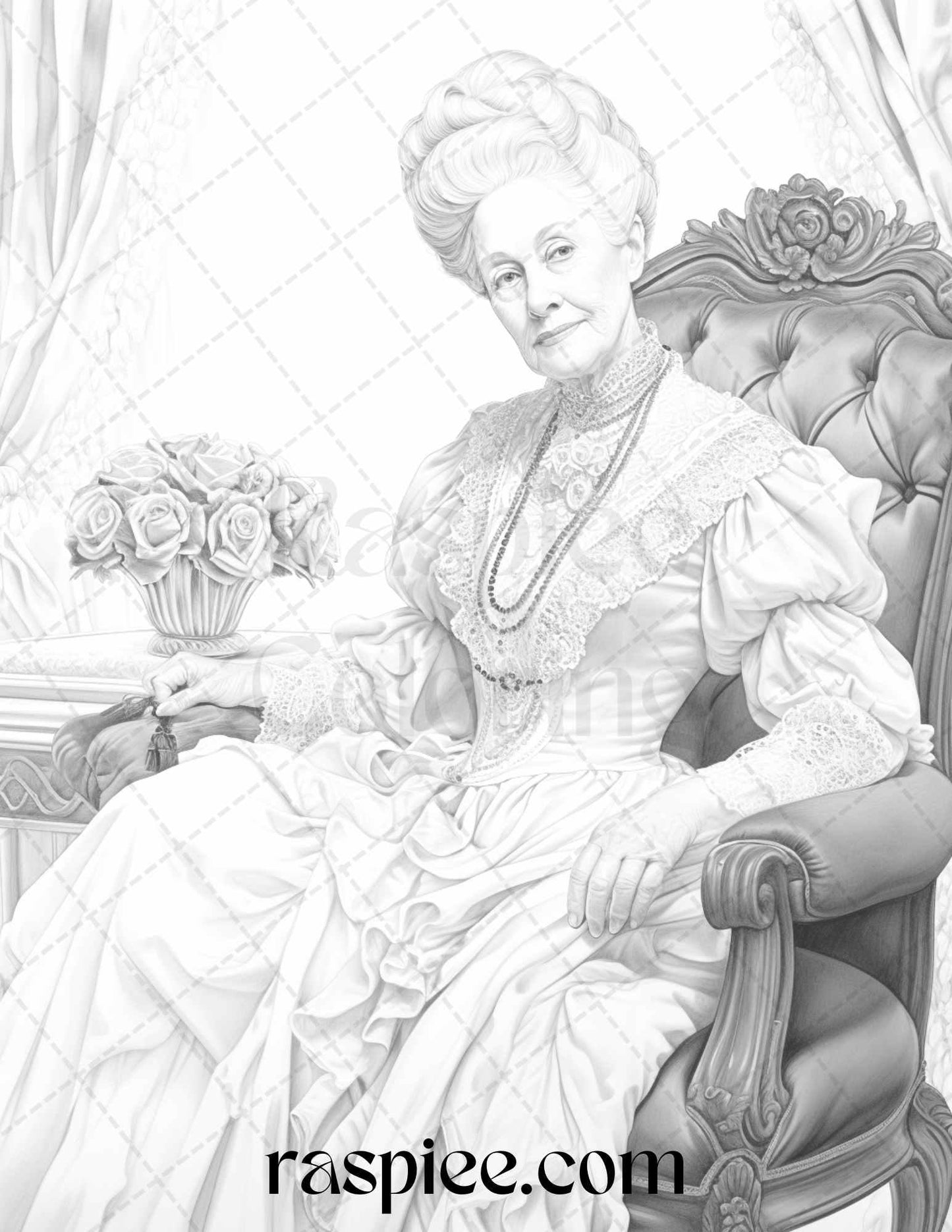 50 Victorian Grandma Grayscale Coloring Pages Printable for Adults, PDF File Instant Download