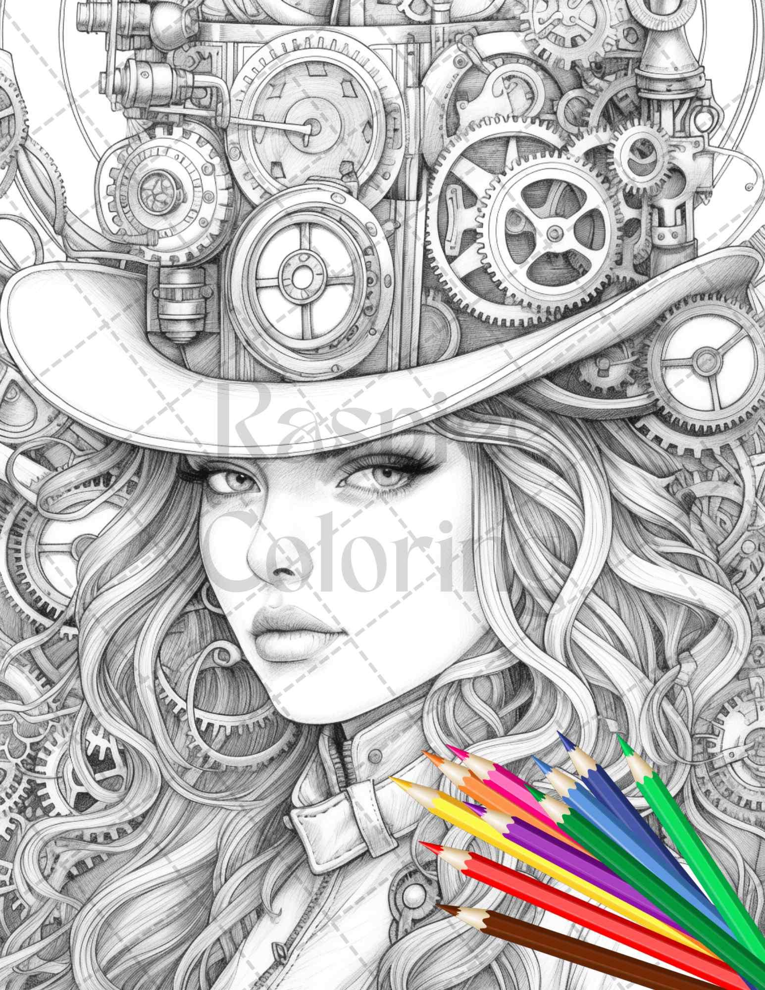 40 Steampunk Ladies Grayscale Coloring Pages Printable for Adults, PDF File Instant Download