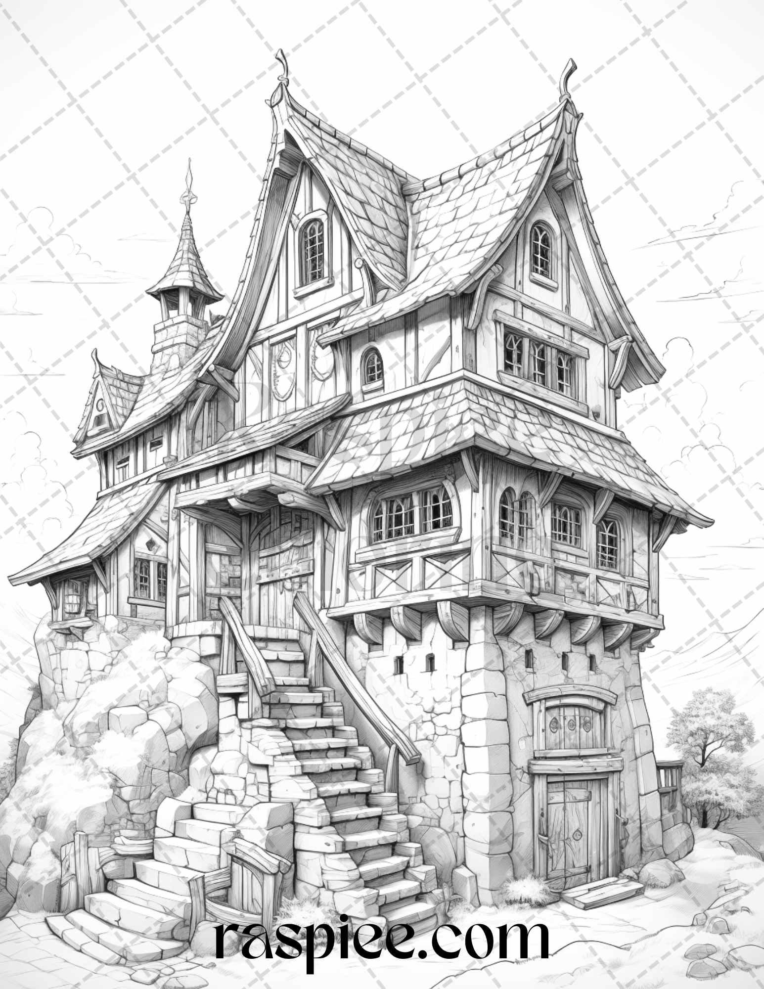 40 Viking Houses Grayscale Coloring Pages Printable for Adults, PDF File Instant Download