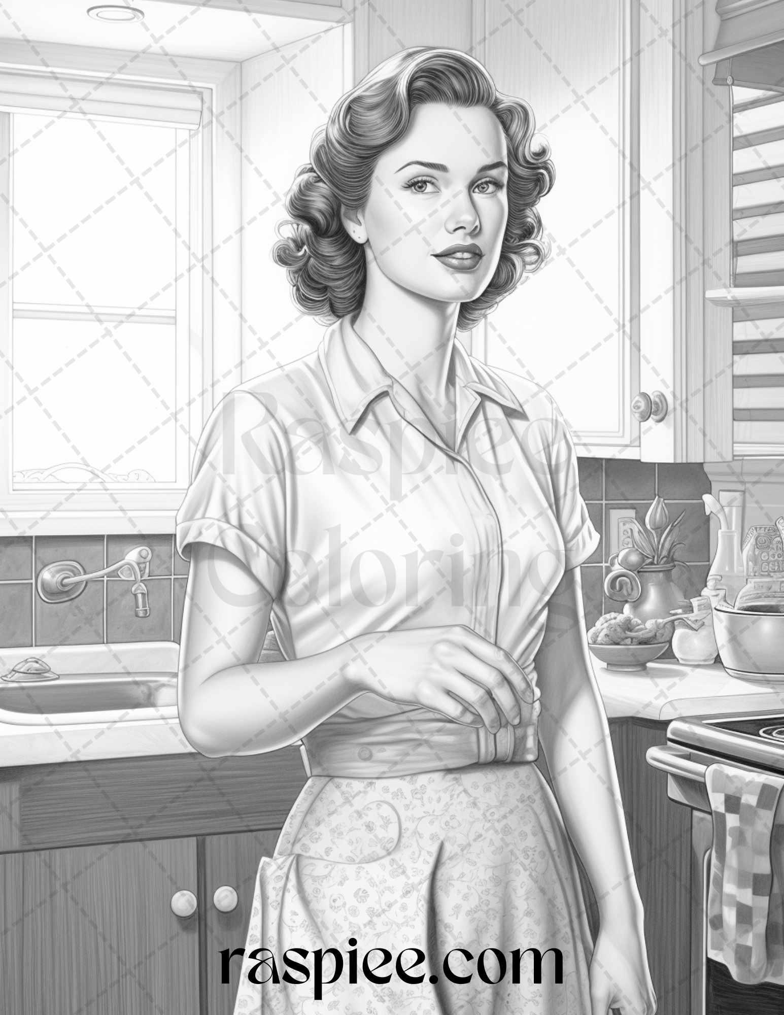 40 Retro Housewives Grayscale Coloring Pages for Adults, Printable PDF File Instant Download